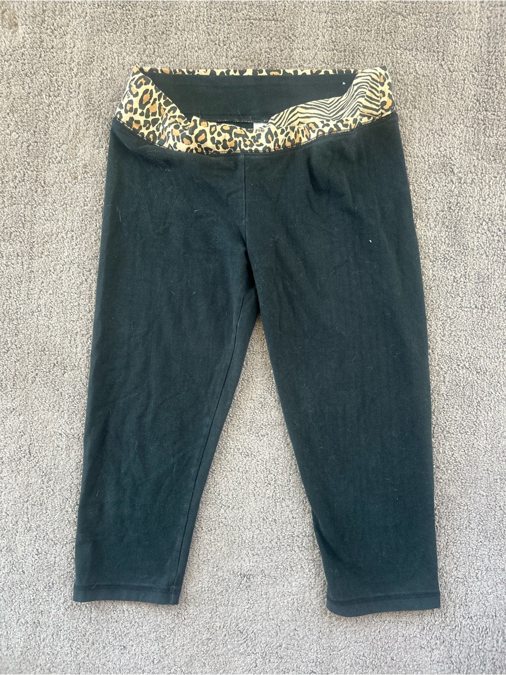 PINK Victoria's Secret Black Capri Leggings with Leopard Waistband | Size S